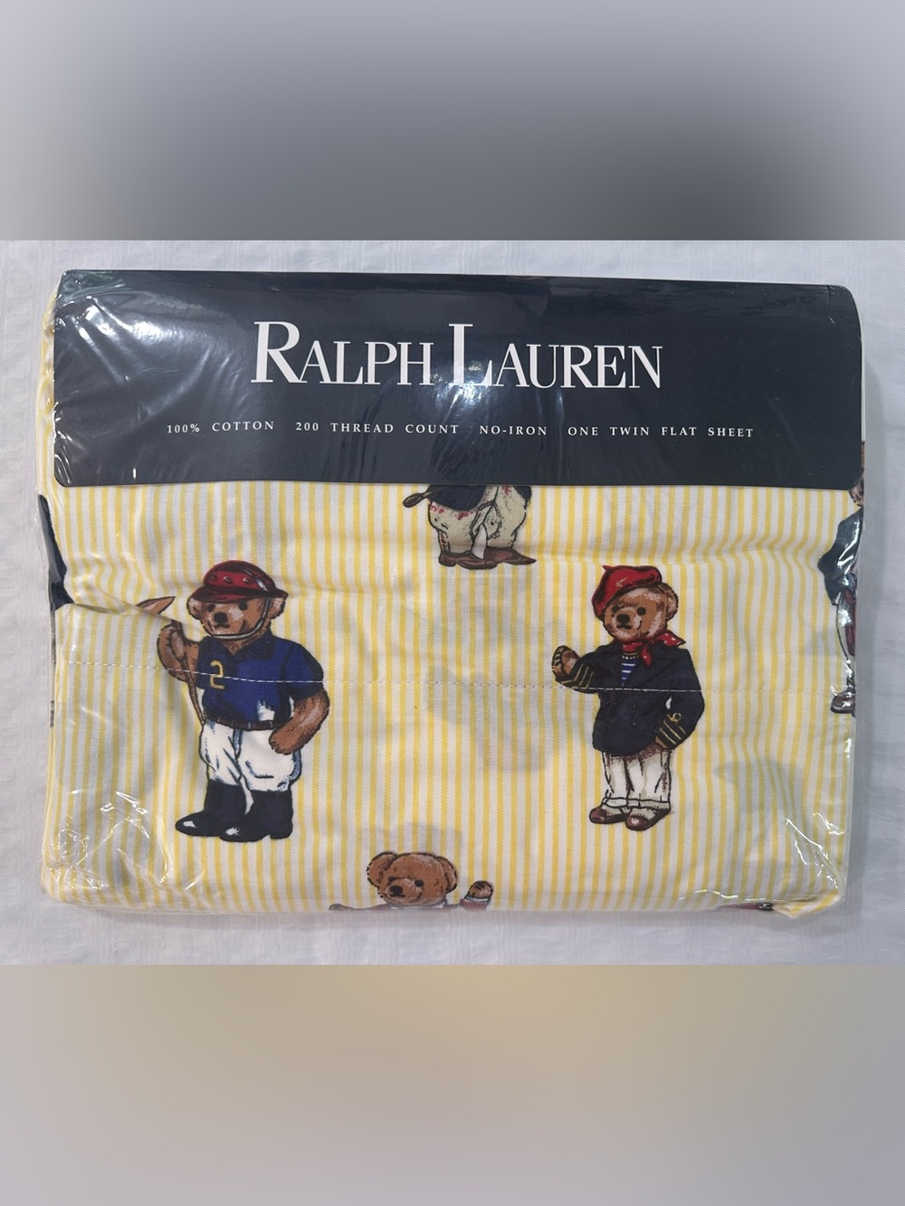 VTG Ralph Lauren Yellow Striped Polo Teddy Bear Twin Flat Sheet